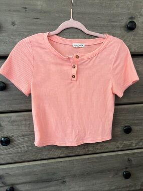 Teen/Girl’s Moa Moa Peach-Pink Waffle Henley Crop Tee